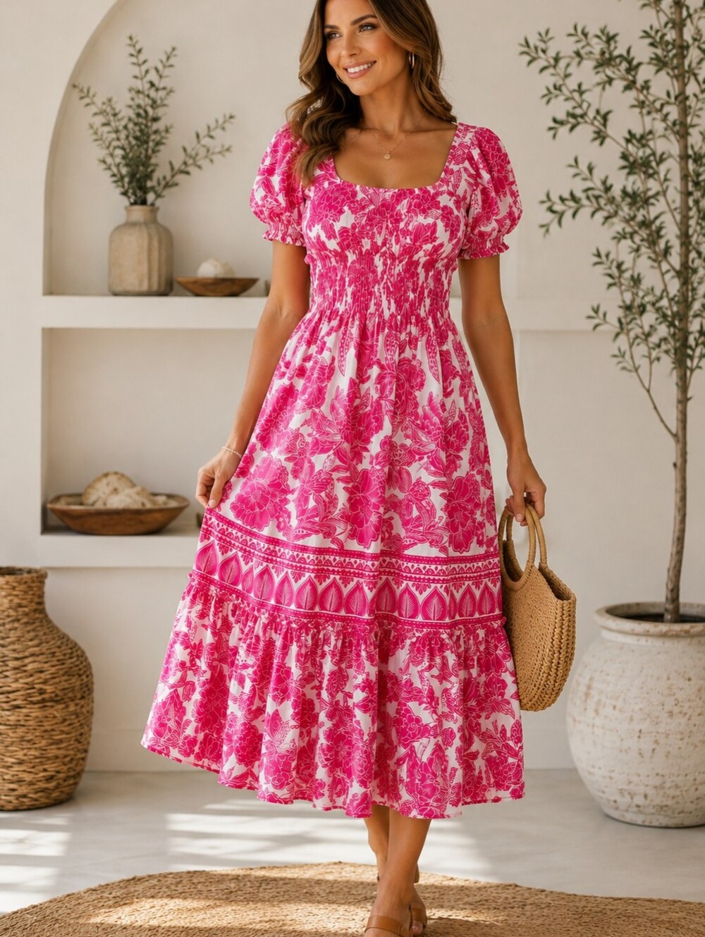 Farm Rio Midi Maxi Dress Tropical Puff Sleeve Smocking Size XL
